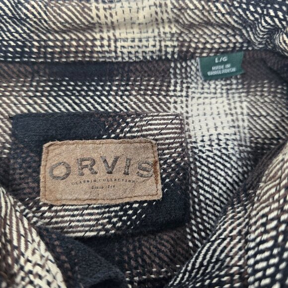 Orvis Brown Black Heavy Flannel Shirt Size Large Long Sleeve Pockets - Picture 7 of 8